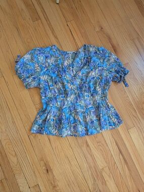 Blue Floral Cotton Blouse Romantic Puff-Sleeve Top